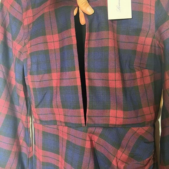 Lovers + Friends Liliana Burgundy Blue Plaid Long-sleeve Mini Dress - Picture 4 of 11